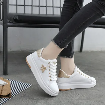 

Bee Embroidery Little White Shoe Women Casual Shoes Breathable PU Leather Platform Shoes Soft Footwears Rhinestone Sneakers