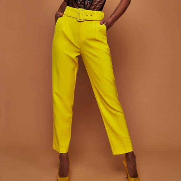 Делать орфографические желтые штаны Для женщин Высокая талия Мода Belted прямой ногой Слаксы Офисные женские туфли костюм брюки Для