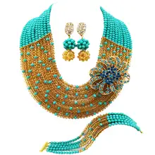 Новинка! Aqua blue прозрачная золотистая цвета шампань бусы Свадебный костюм комплект ювелирных изделий нигерийские Свадебные африканские бусины комплекты ювелирных изделий AAC276