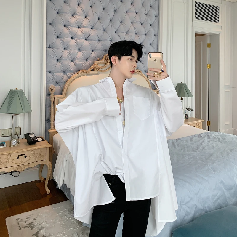 

MIXCUBIC 2019 spring summer British style unique Irregular hem shirts men casual loose Stitching shirts for men,size M-XXL