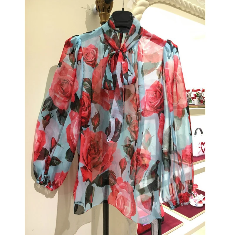 

Designer Luxury Shirts for Women Lantern Sleeve Rose Printed Chiffon Blouse Tops