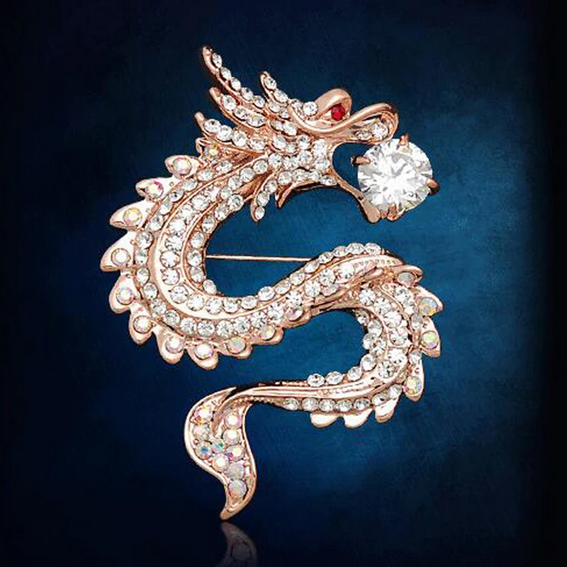 Classic Personality Crystal Rhinestone Pearl Chinese Dragon Brooch Pin Wedding Party Banquet Suit Jewelry for Men Women Gifts | Украшения и