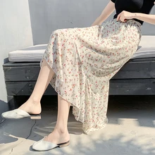 Весенняя Новая Женская Корейская версия свежей цветочной Юбки Женская Асимметричная шифоновая юбка средней длины