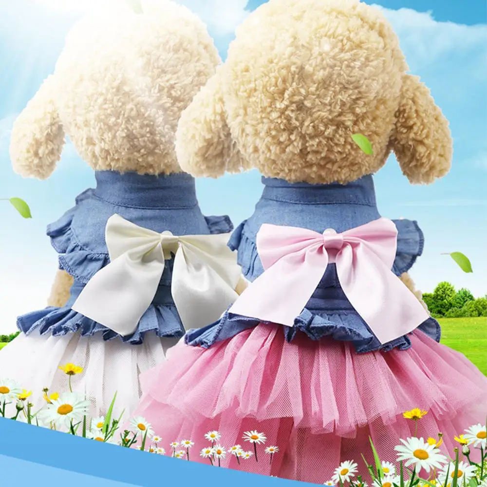 

Bow-knot Denim Cat Dresses Female Luxury Princess Tulle Skirt Summer Dress kitten Clothing for Small Cats XXL Sweet Pet Products