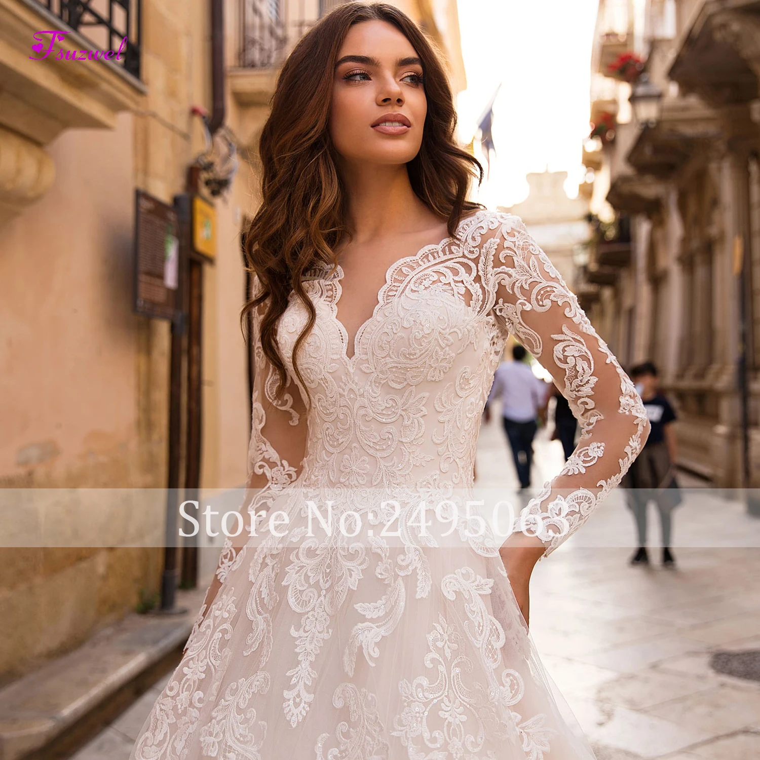 Fsuzwel Vestido de Noiva Свадебные платья трапециевидной формы с длинным рукавом и аппликацией сексуальное свадебное платье принцессы с v-образным вырезом на шнуровке размера плюс