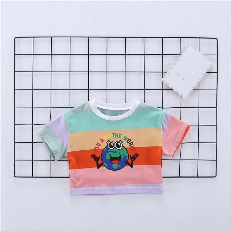 Летняя Детская Милая хлопковая футболка в полоску с буквенным принтом топы, блузка повседневные футболки с короткими рукавами