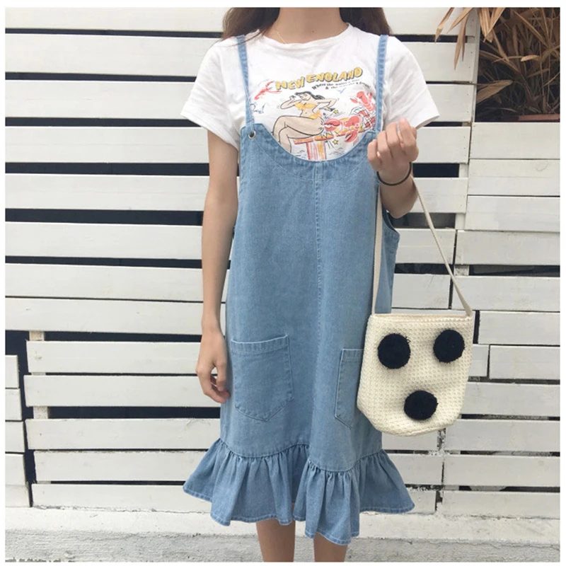 Buy Korea style Denim Overalls Dress Loose Casual Knee