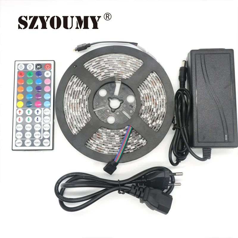 #cheap SZYOUMY 25M RGB Led Strip 5050 Waterproof 5*5m SMD Strip Lighting +44 Key IR Remote Controller +DC12V 5A Power Adapter