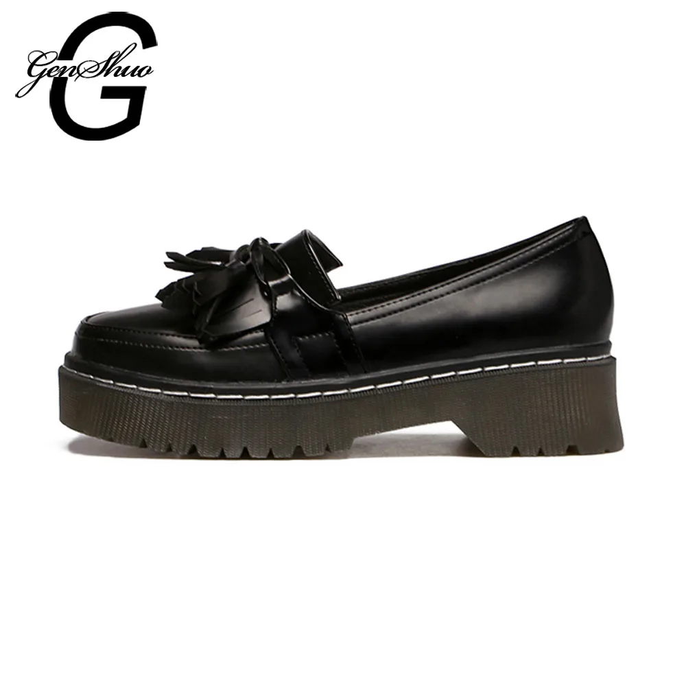

GENSHUO Women Oxfords British 2018 New Summer Autumn Platform Flats Casual Fringe Ladies Brogue Shoes Woman Black Brown Size