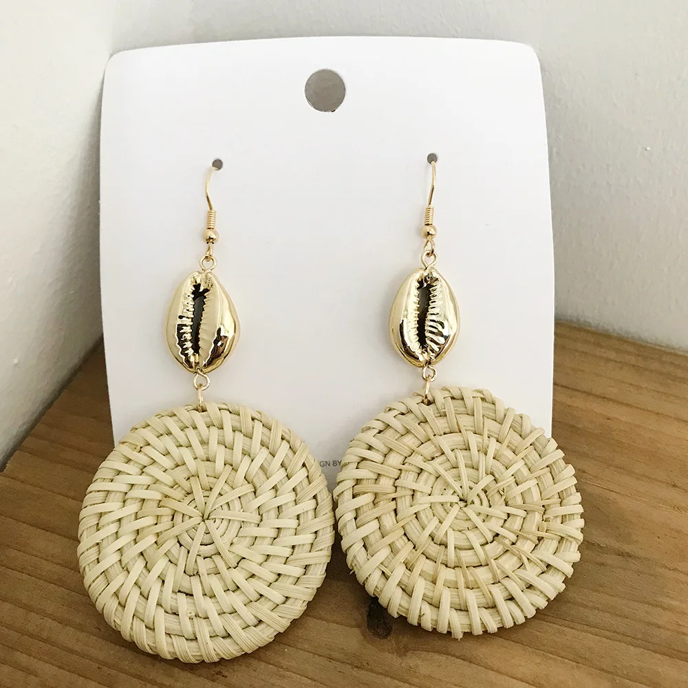 

2019 Seashell Drop Earrings Dangles For Women Big Round Alloy Handmade Statement Rattan Knit Beach Earring Bohemian Jewelry Hot