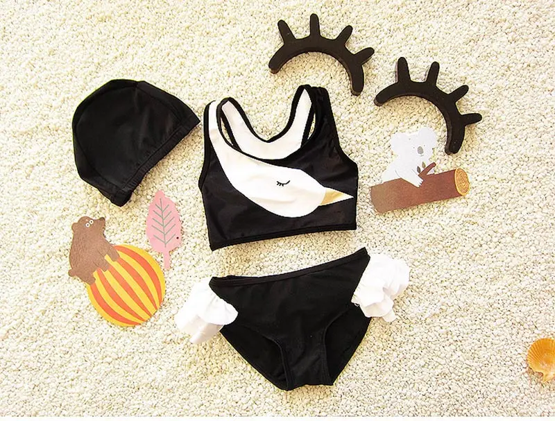 Baby Girls Swimwear Hot Two Piece+Hat Swimsuit Toddler Girl Summer Cartoon Swim Suit Children Bebek Bikini Kids Girl Clothes