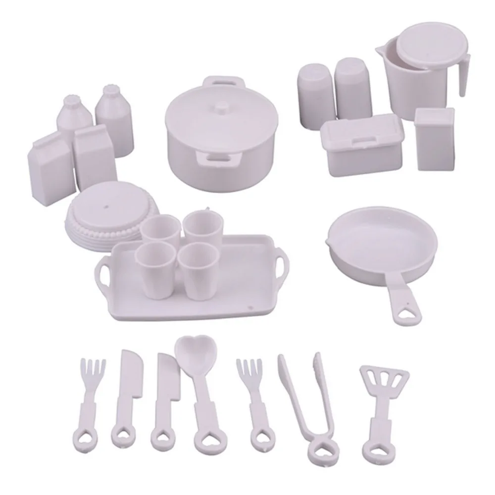 Besegad 25PCS Mini Doll DIY Pots Pans Fork Spoons Knives Cups Cooking Tool Cookware Dollhouse Kitchen Accessories for Barbie Toy