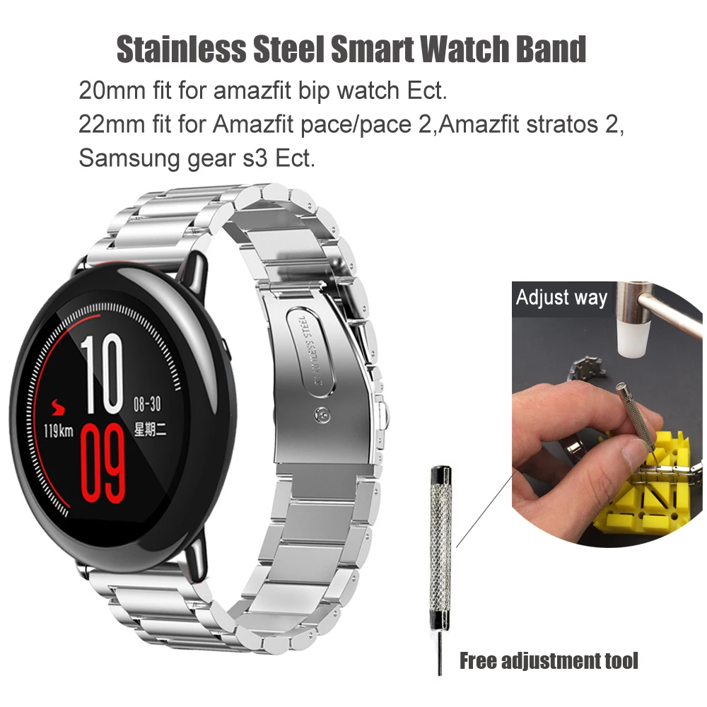 Ремешок для Huami Amazfit Bit Bip ремешок из нержавеющей стали Xiaomi Stratos 2 Samsung Gear S3 Classic 20 мм 22