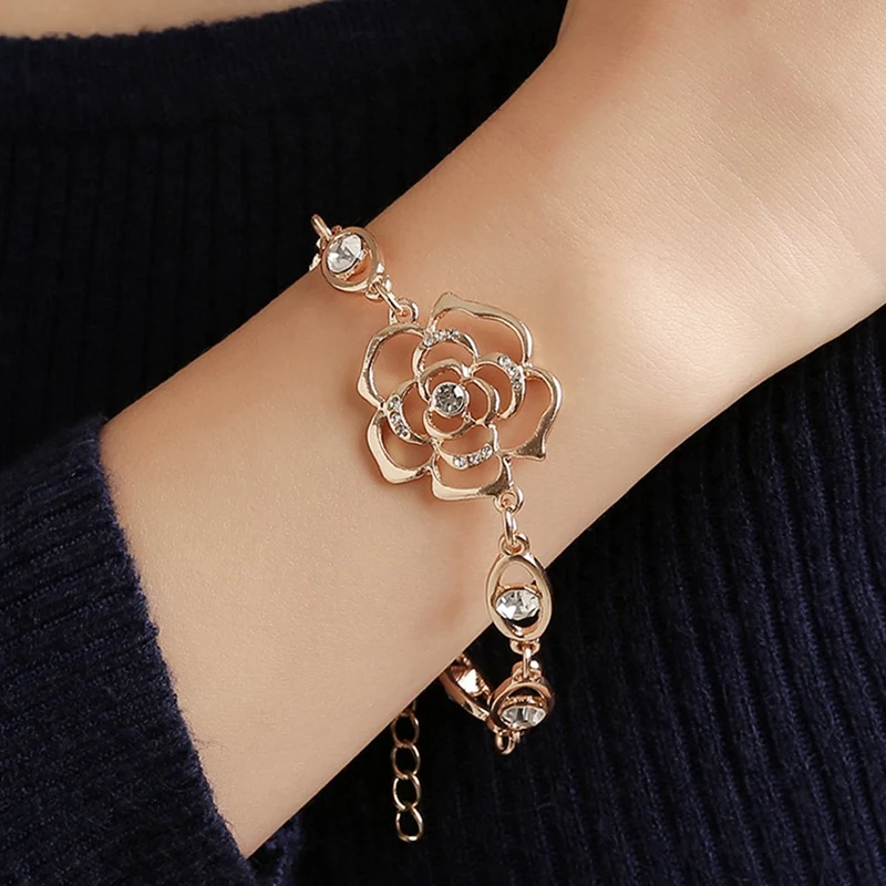 

New Floral Hand-Studded Camellia Temperament Charm Bracelets For Women Alloy Lobster Buckle Ladies Wild Bracelet Hand Jewelry