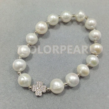 

WEICOLOR 17-20CM / 10-11mm White Nearround Natural Freshwater Pearl And Silver Flower With Rhinestone Bracelet