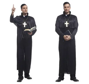 

Halloween Black Priest Cosplay Costumes With Cross Necklace Adult Churchman Missionary Rason Father Party Performace Clothes