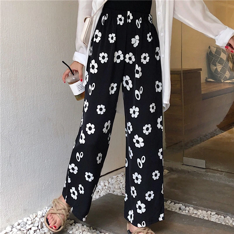 

thin straight high waist pants casual Women's Clothing summer style fashion brand black floral Capris 2019 new pantalon femme