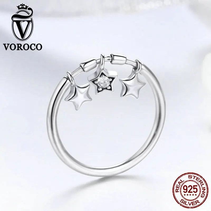 VOROCO 2019 Hot Sell Trendy Silver Ring Authentic 925 Sterling Dangle Star Dazzling Finger Rings Girl Jewelry Gift BKR406 | Украшения и