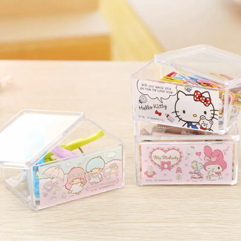

1 Pcs Kawaii Tape Box Hello Kitty My Melody Organizer Stackable Storage Compartment Transparent Storage Box Stationery Holder