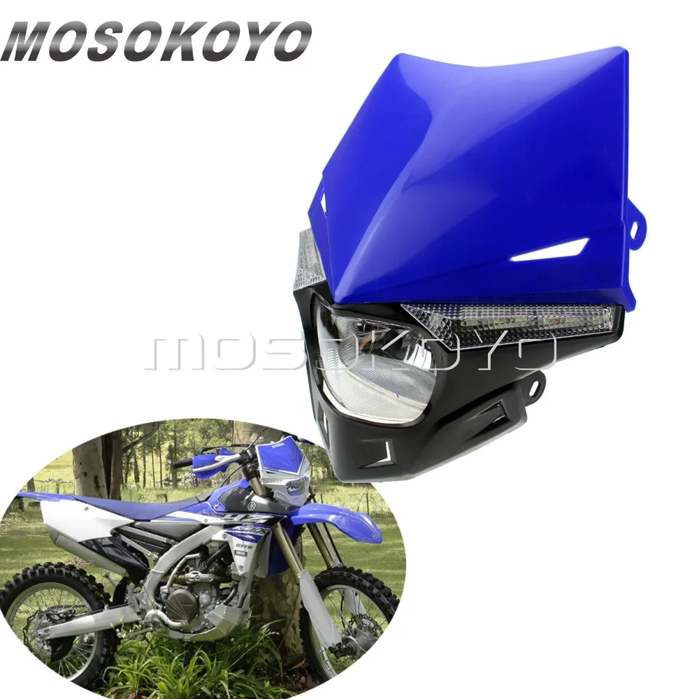 

Motocross Headlight Dirt Bike Enduro Headlamp for Yamaha YZ250 WR450 YZ125 YZ80 85 LED Version Indicator Blue Mask