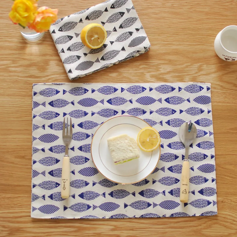 Japanese Style Minimalist Cloth Placemats Fish Printed Mat Double Insulated cotton Table Napkin