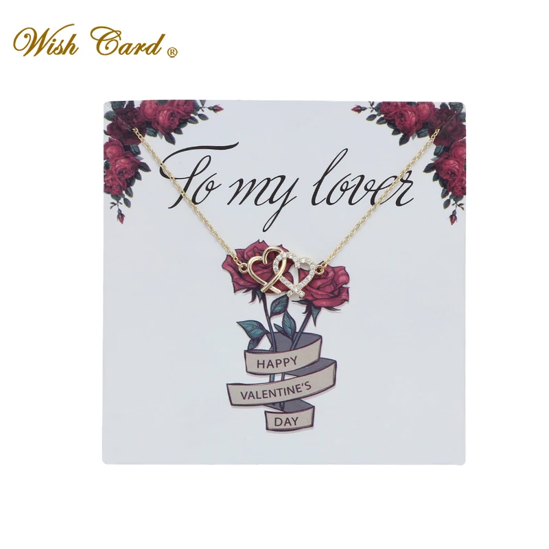

Wish Card Rose Two Love Heart Golden Pendant Copper Necklace To My Lover Present Memory Wedding Necklace Gift Dropship EY6035