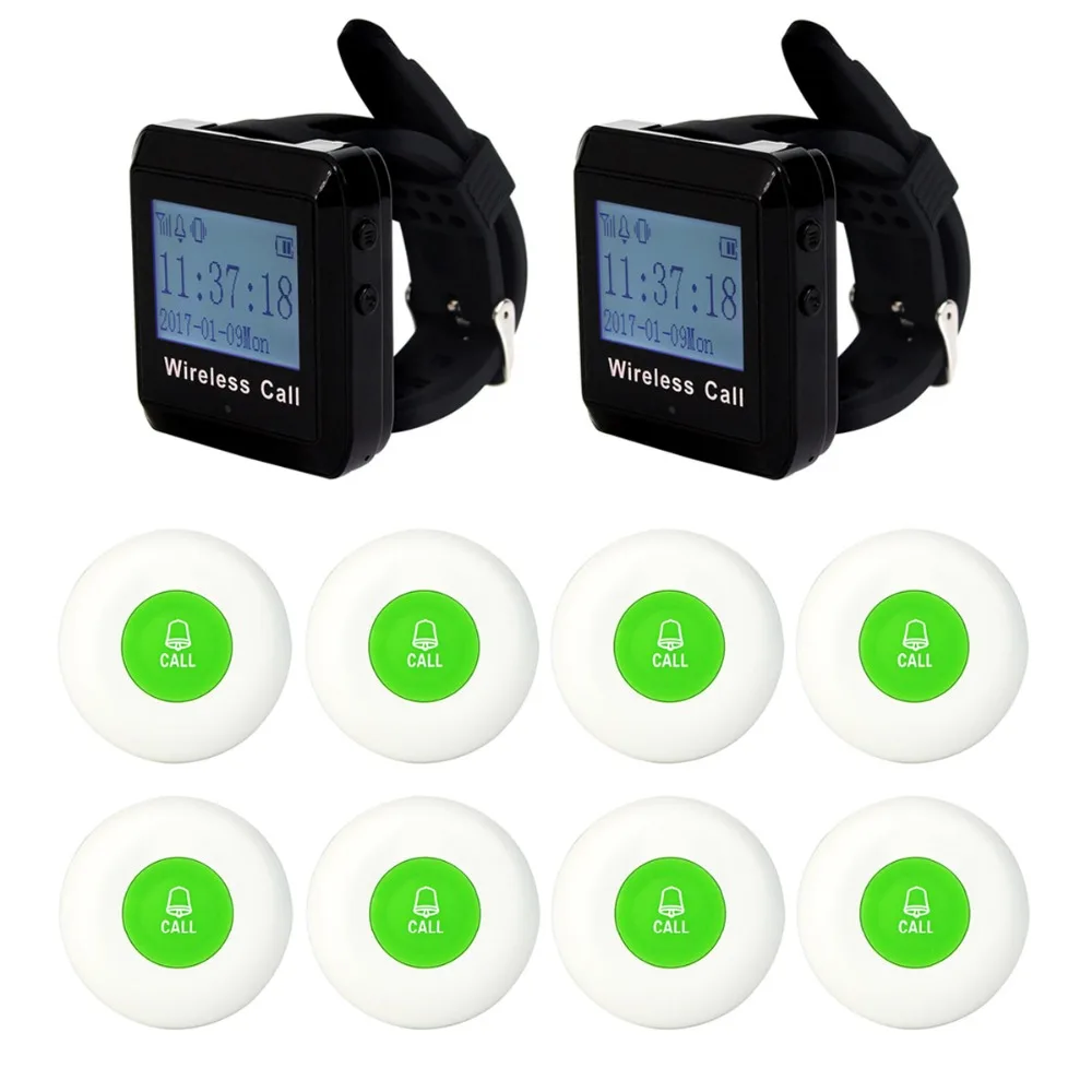 Wireless Pager System Call Restaurant Equipments Waiter 2pcs Wrist Watch Receiver 8pcs Green Call Transmitter Button