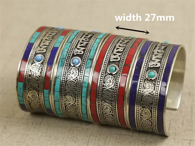 BB-460 Tibetan Mantras Bangles Copper inlaid Colorful Stone Open Cuff OM MANI PAD ME HUM 2