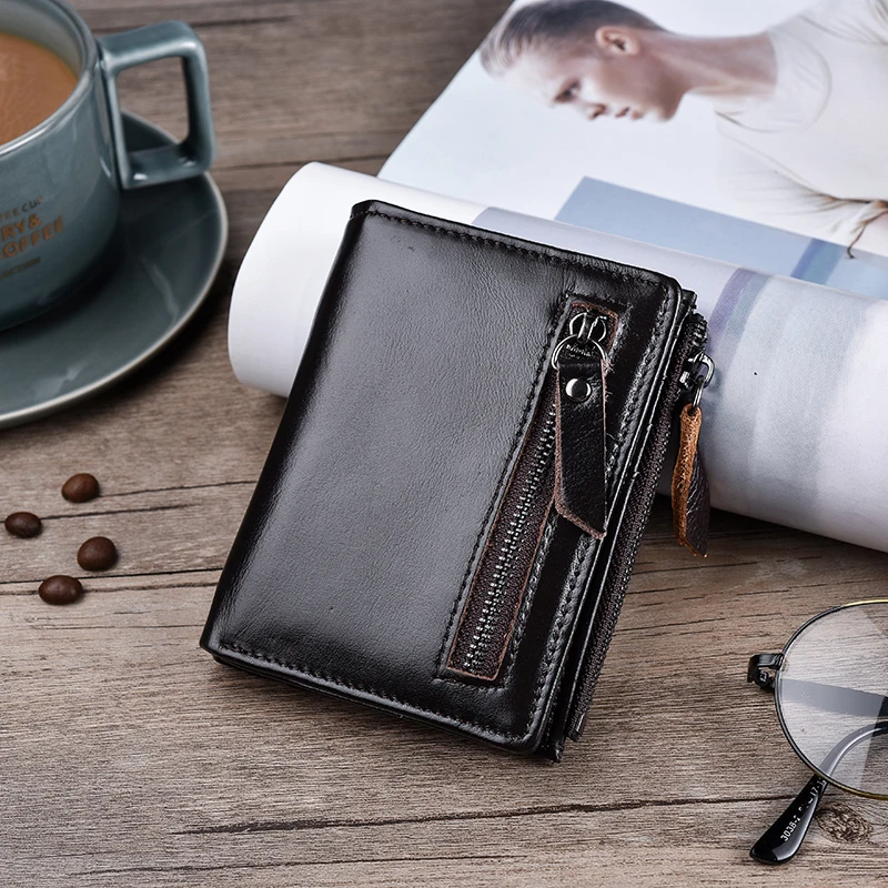 

Cow Genuine Leather Men Solid Short Wallets Bifold Male Clutch Zipper Coin Purse Brand Designer Card Holder Men's Leather Wallet