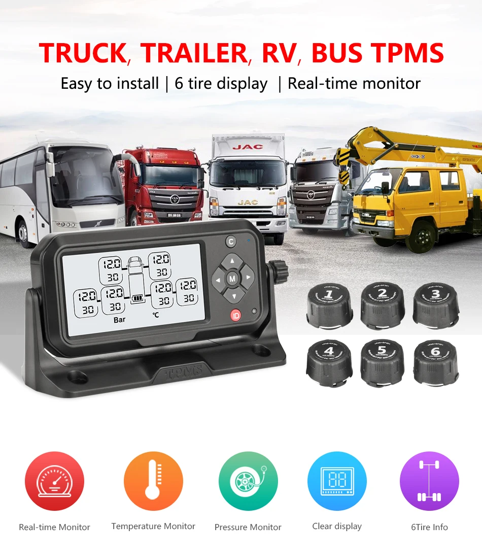 Truck TPMS Tyre Pressure Monitoring System Automotive Tire Failure Alarm Apparatus 6 External Sensors Tire Abnormal Temperature