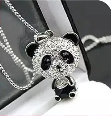 

OMH wholesale Fashion Jewelry Cute Fine Effulge Big head Panda Pendant Crystal Alloy Long Chain Charm Woman Necklace XL11