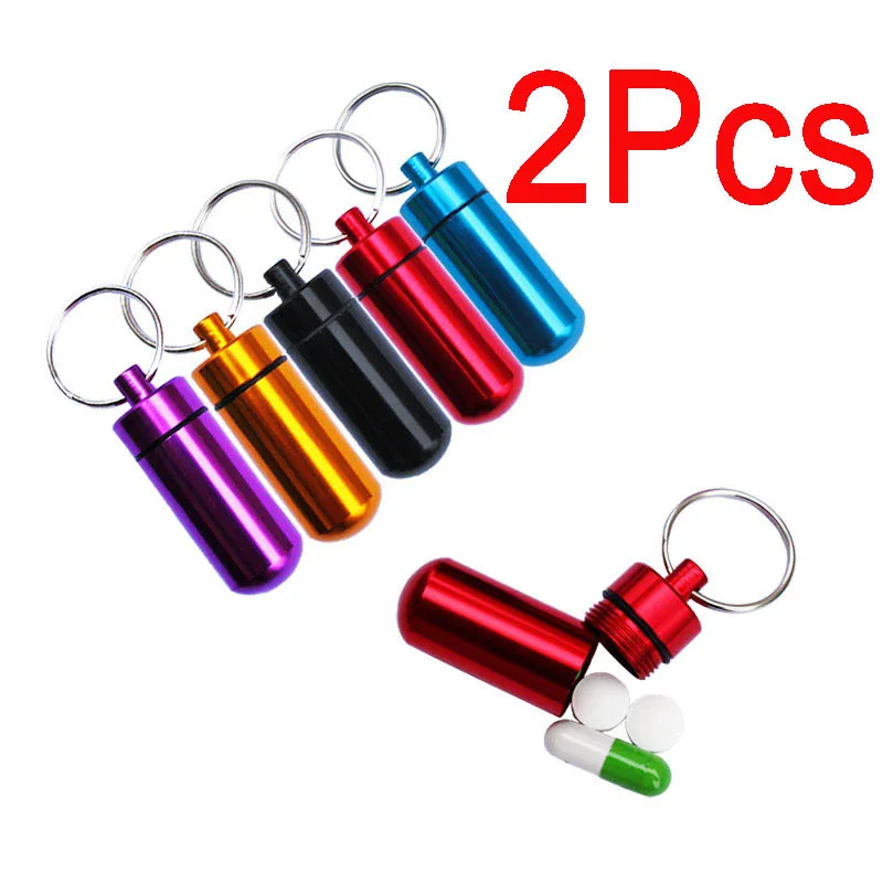 2Pcs Mini Keychain Pill Box WaterProof Aluminum Pill Cases Bottle