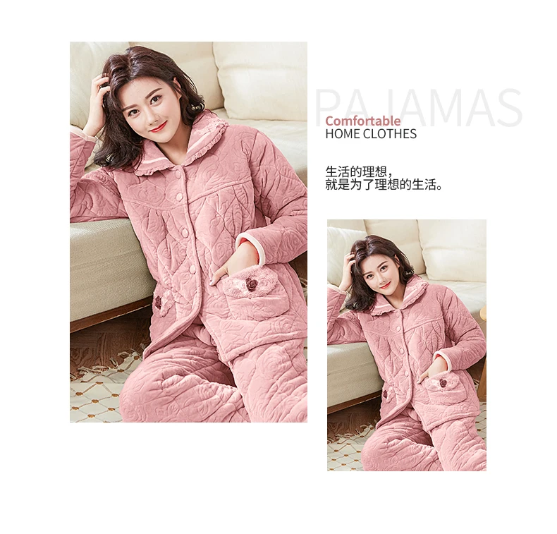 J& Q Новая женская пижама Розовая домашняя одежда Зимний пижамный комплект толстый теплый кардиган с лацканами бархат+ хлопковый мягкий бренд пижамы для женщин