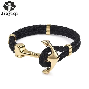 

Jiayiqi Punk Gold Silver Color Anchor Clasp Black Braid Genuine Leather Bracelet Men Jewelry Stainless Steel Bangle