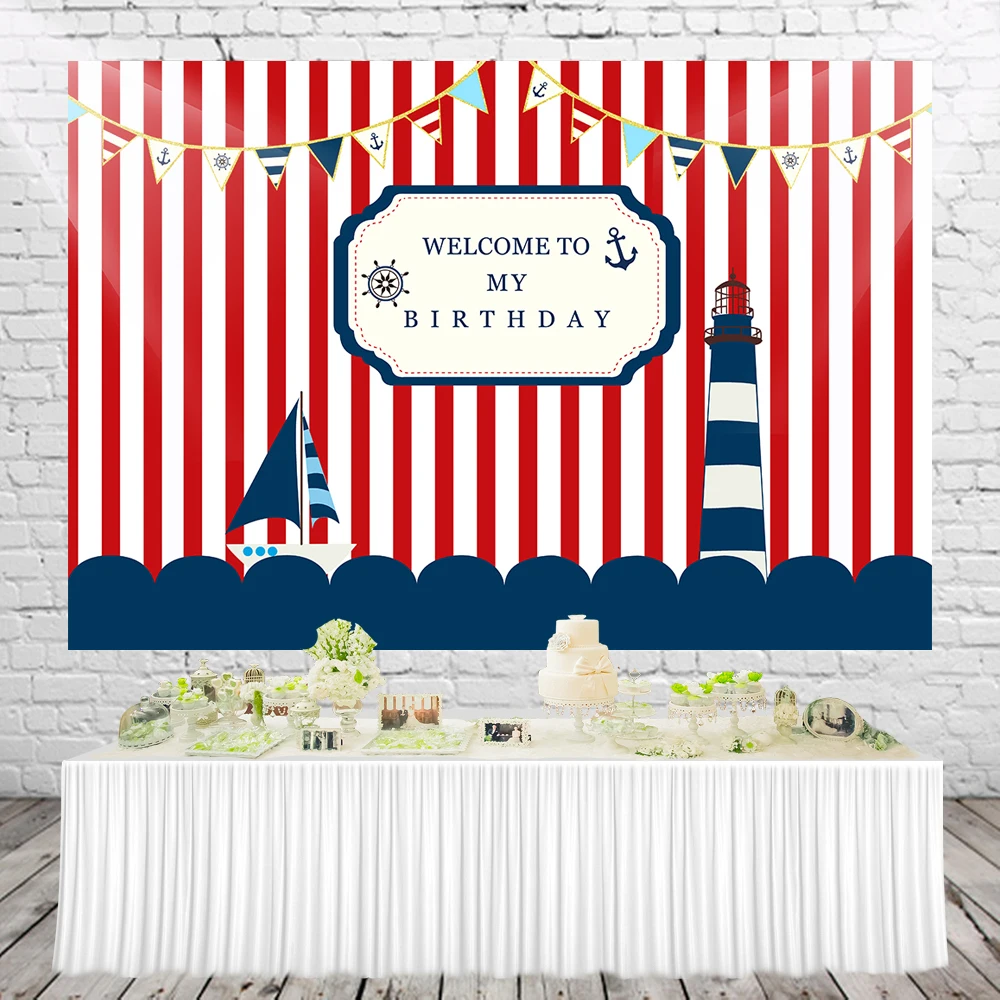 HUAYI Nautical Theme Birthday Party Backdrop Navigation Anchor Red and White Striped Photo Background for Kids Portrait w-2072