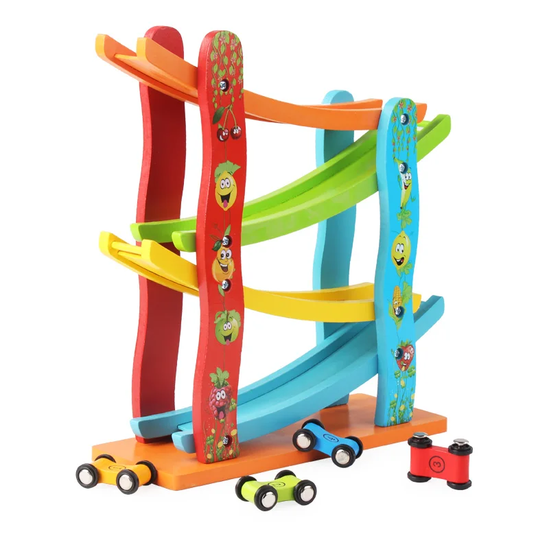Wooden children fruit forest glide track car wooden slot track car baby