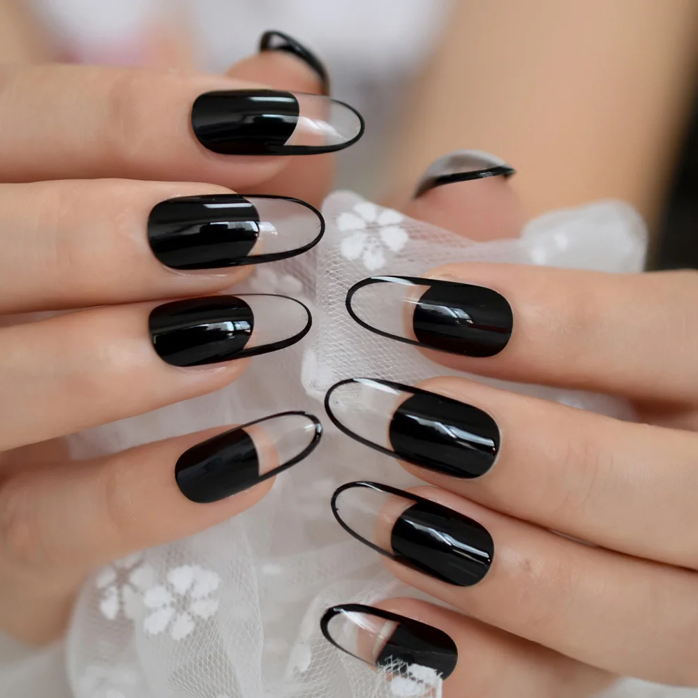 Extensiones de uñas postizas acrílicas, puntas largas y redondas ovaladas,  negras y transparentes, cobertura completa UV|Uñas postizas| - AliExpress