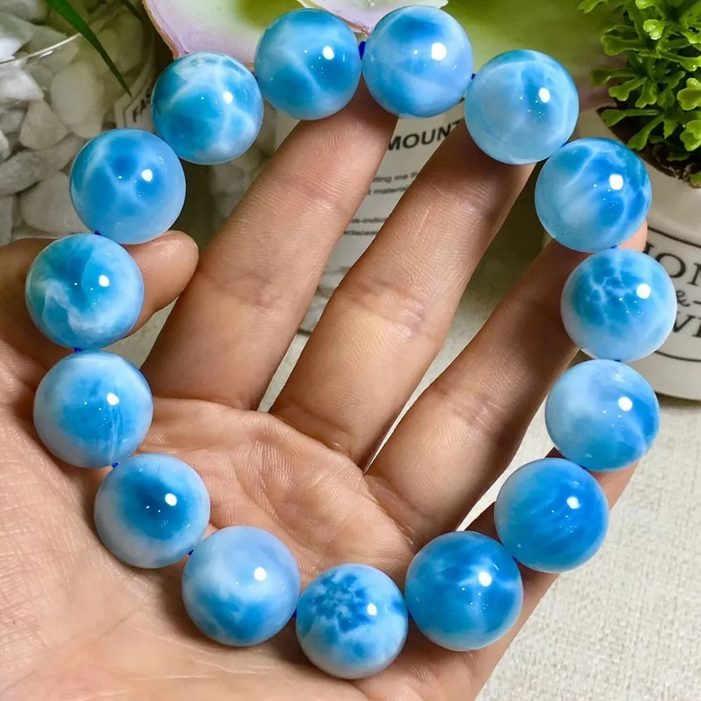 

Genuine Natural Larimar Blue Round Beads Bracelet Stretch 15mm Water Pattren Women Man Jewelry Stone Healing AAAAA Certificate