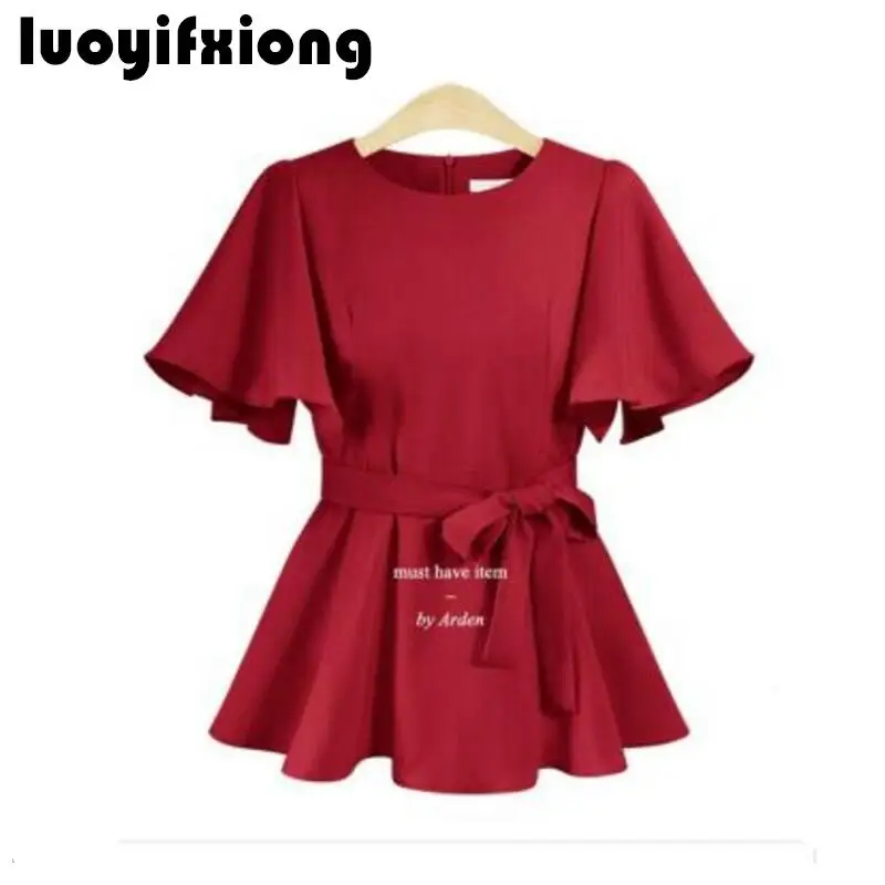

2019 Summer 5XL Plus Size Chiffon Blouse O-Neck Tunic Big Bow Batwing Tie Loose Butterfly Sleeve Shirt Womens Tops and Blouses