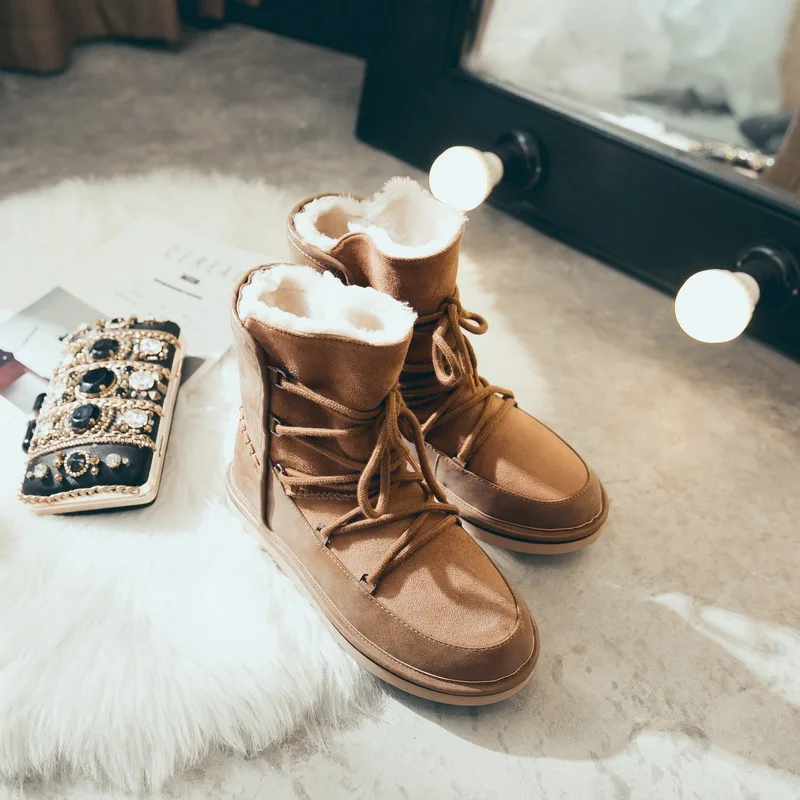 Teahoo/зимние женские ботинки из натуральной кожи; женские ботильоны на плоской подошве со шнуровкой; теплые плюшевые женские зимние ботинки; женская обувь