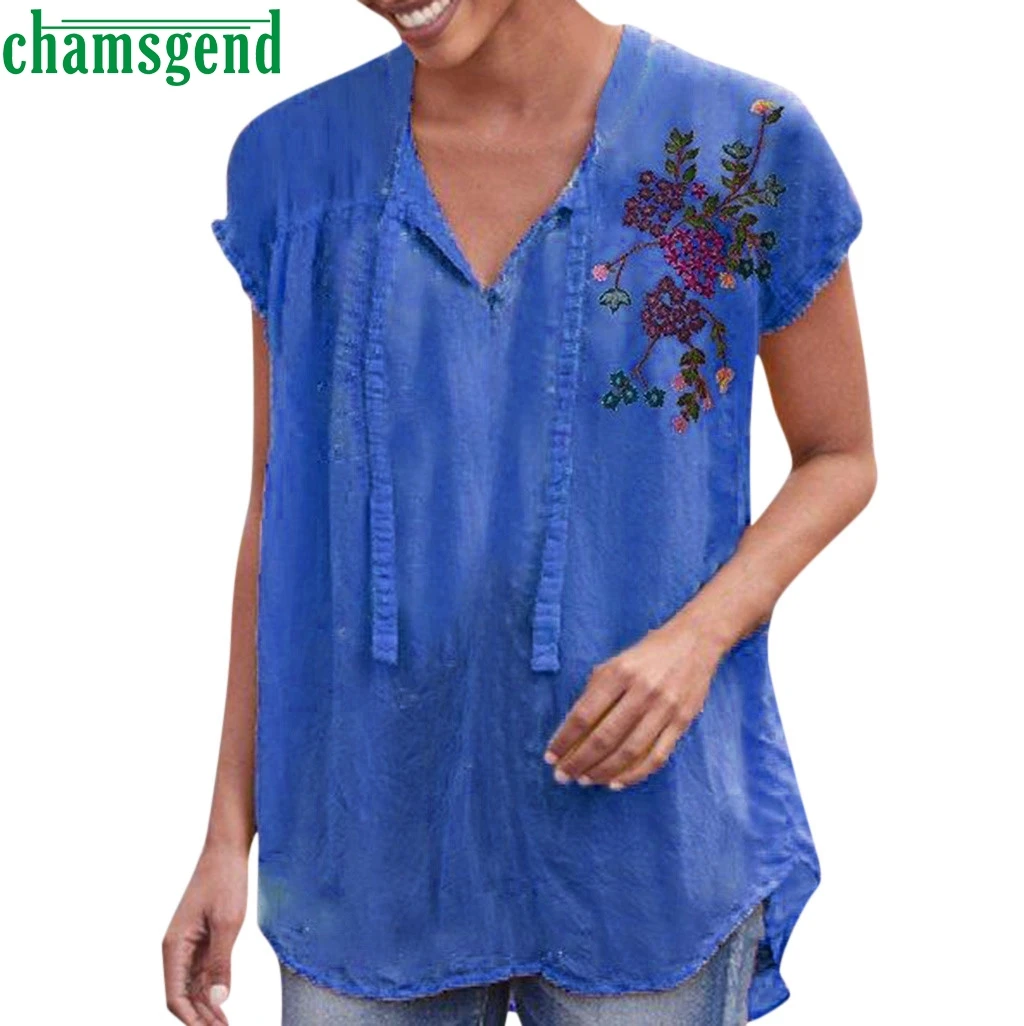 

CHAMSGEND Women summer V-neck Blouse Vintage embroidery Printing Short Sleeve Blouse woman Casual Loose Top Shirt women clothing