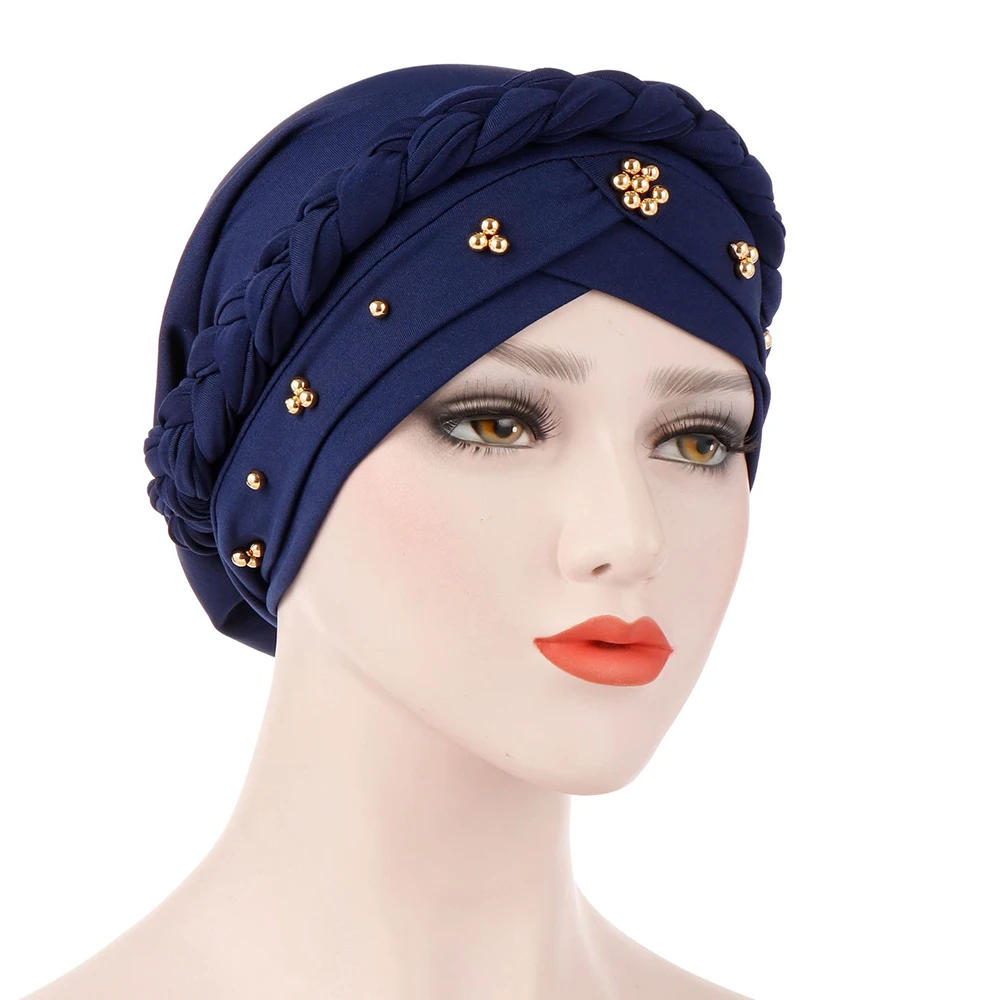 

Women Muslim Stretch Turban Hat Hair Loss Head Scarf Cancer Chemo Cap Beads Braid Wrap Milk Silk Stretch Head Wrap