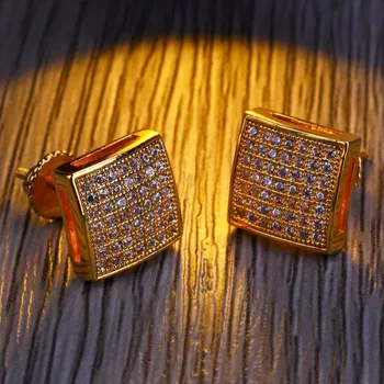 

Men's Hip Hop Stud Earring Copper Material Full Rhinestone Pave Bling Ice Out Square Earring Men Rock Jewelry Gold Silver Color