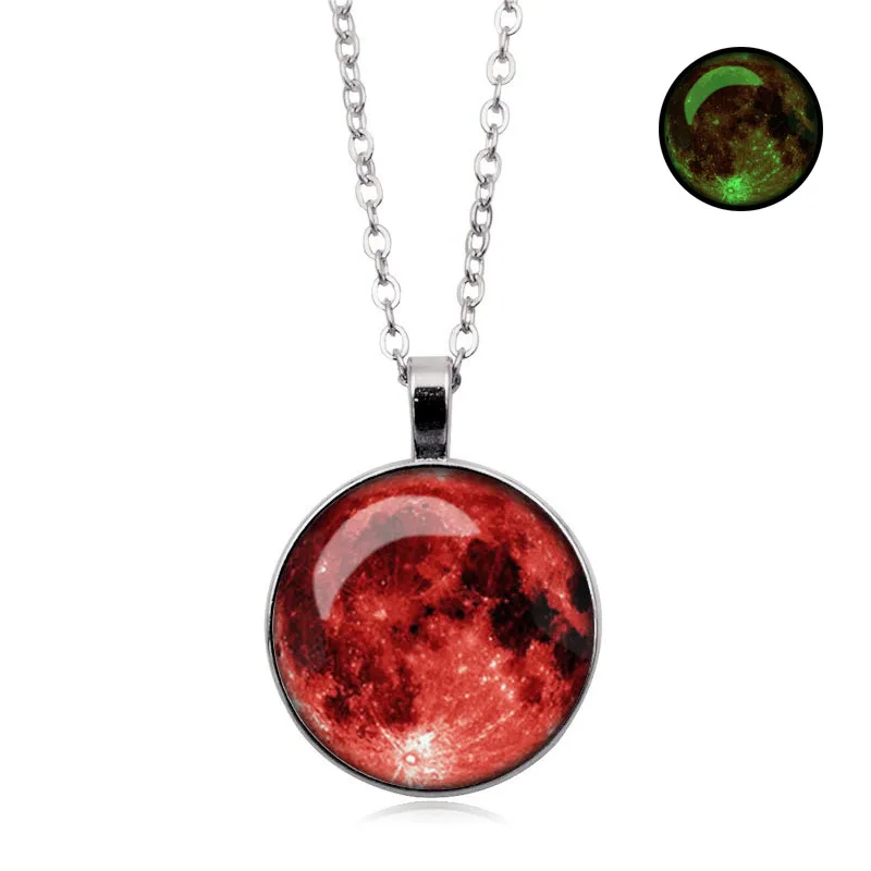 Hot sale Glow In The Dark Moon Pendant Necklace Galaxy Planet Glass Cabochon Luminous Jewelry Silver Chain Necklace Women - Окраска металла: 4