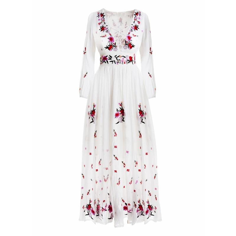 Blanco vestidos Boho chic algodón Vintage flor bordado vestido linterna manga borla largo Maxi vestido Hippie mujeres vestido|embroidery style dresses - AliExpress