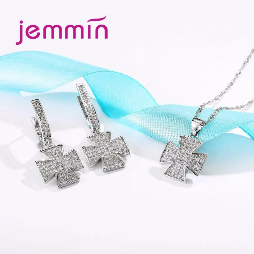 Jemmin модные свадебные Jewelry Set White Crystal геометрический Цепочки и ожерелья серьги Шарм 925 серебряные свадебные комплекты ювелирных изделий