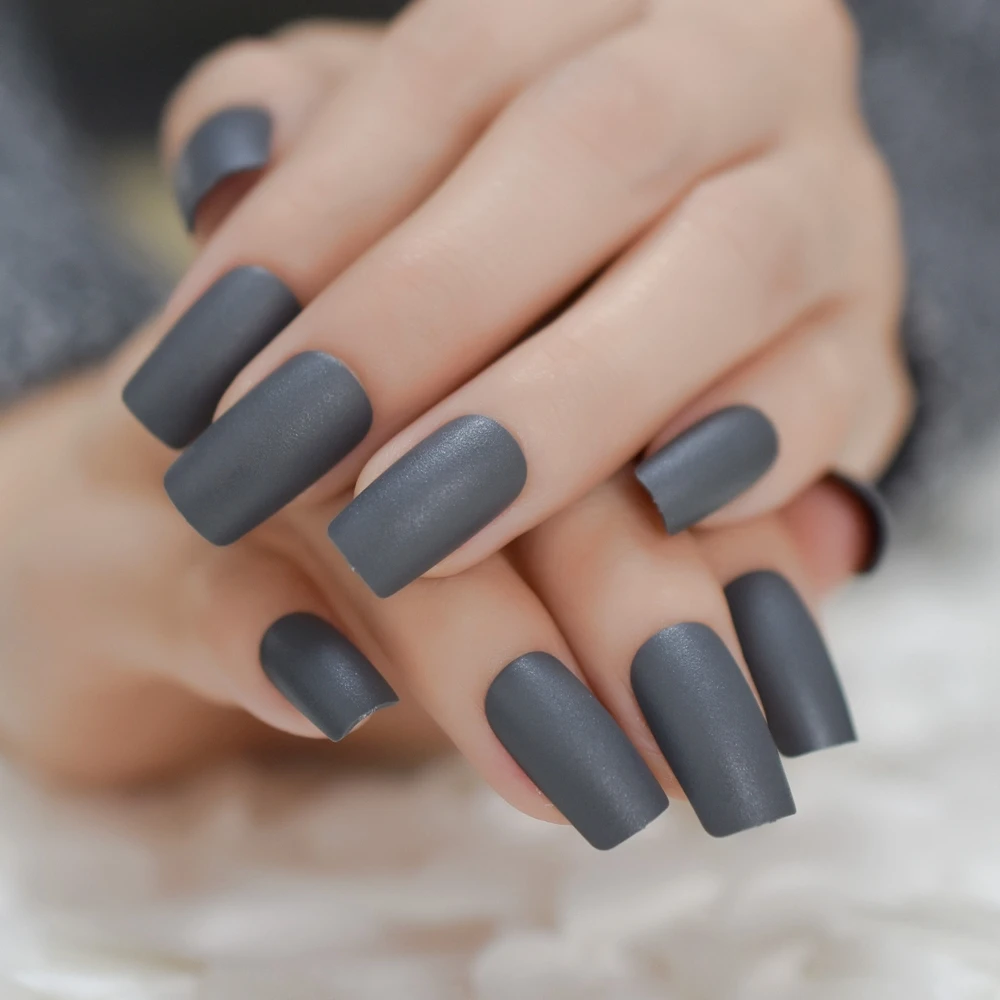 Толстые стильные накладные ногти матовые темно-серые Canival искусственные пластмассовые ABS ногти квадратной формы средней длины кончики для ногтей 24