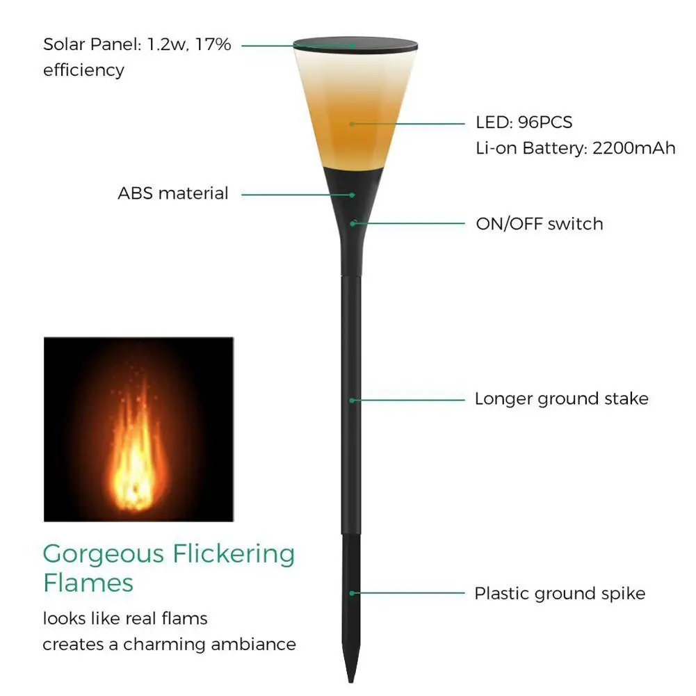 Светодиодный солнечный мерцающий пламени факел свет IP65 Водонепроницаемый открытый ходом двор для освещения газона и сада Солнечная наземная огни рампы