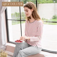 Осень, женские повседневные полосатые пижамные комплекты, женская футболка с длинным рукавом и круглым вырезом+ штаны, Женский мягкий хлопковый Пижамный костюм