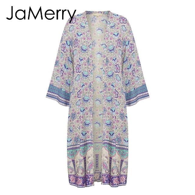 JaMerry Boho floral print cover ups women Summer spring purple long beach kimono cardigan Holiday female cotton blouse 2019
